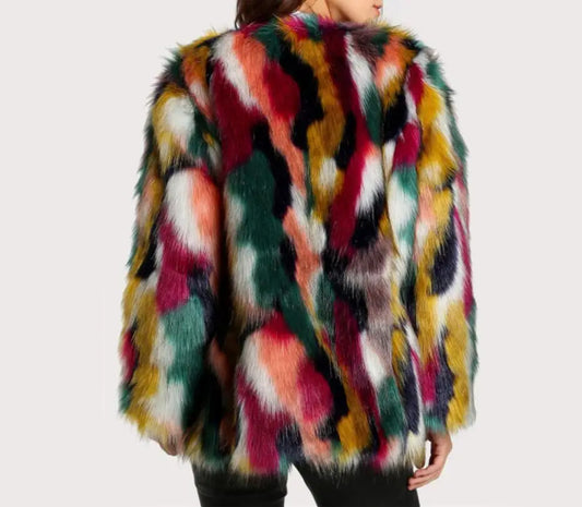 Fashion Contrast Multi color Faux Fur Coat Long Hairy Shaggy Outwear Women Autumn Winter Short Jacket Coat Tops