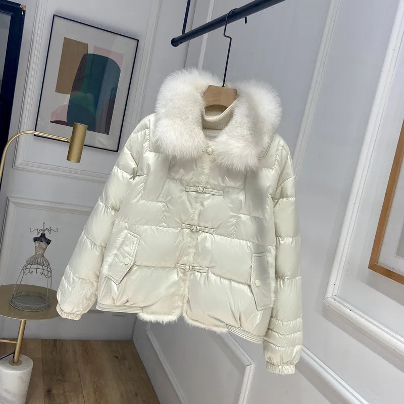 2023 Real Fox Fur Collar Winter Women 90%White Duck Down Jacket Ladies Short Warm Puffer Coat Female Loose Vintage Parka