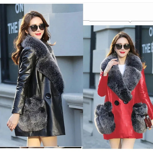 2025 Plus Cotton Velvet Big Fox Fur Collar Leather Coat PU Leather Jacket Coat Women's Fur Mid-length Coat Jacket