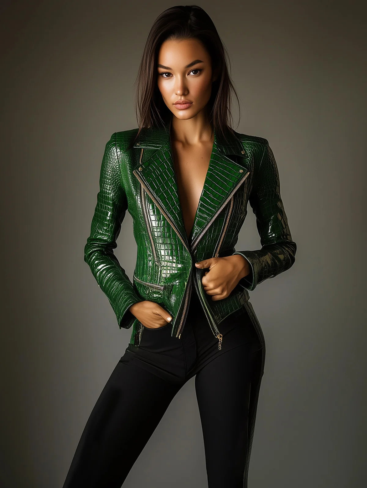 PU Leather Jacket 2025 New Women's Autumn/Winter Solid Color Jacket Fashion Lapel Collar Alligator Pattern Zipper Jacket Coat