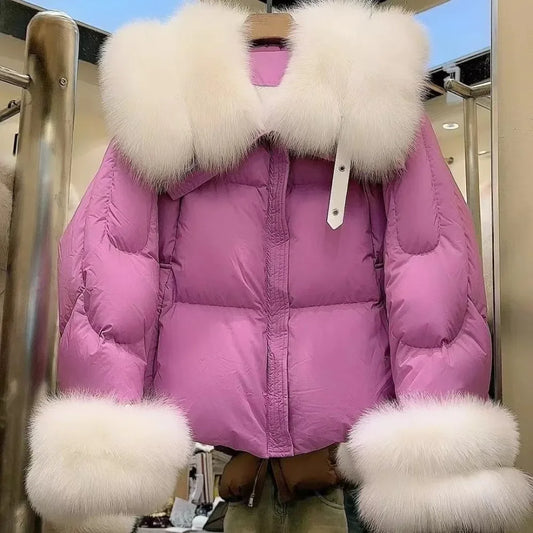 Natural Fox Fur Jacket Fashion Women Winter Luxury White Goose Down Jacket Thicken Female Casual Parkas Fur Collar Puffer Coat
