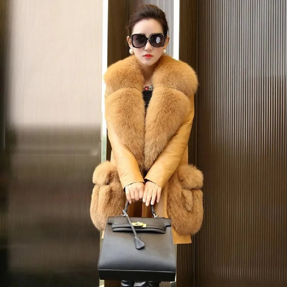 2025 Plus Cotton Velvet Big Fox Fur Collar Leather Coat PU Leather Jacket Coat Women's Fur Mid-length Coat Jacket