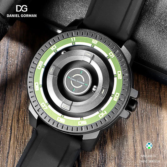 DANIEL GORMAN Magnetic Driven Watch Men Black Waterproof Stainless Steel Beads Quartz Watch with Silicone Strap DG0221 Green