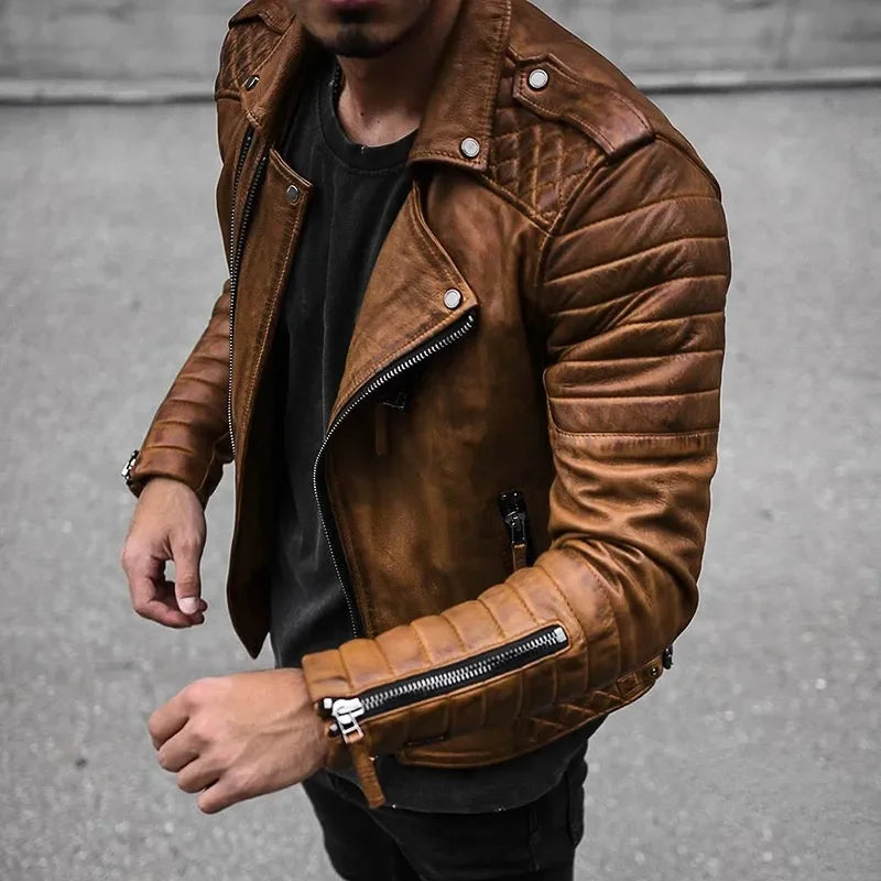 Fashion Leather Coat Men Spring Autumn Slim Lapel Locomotive Men Leather Jacket Solid Color Long Sleeve PU Brown Leather Jacket