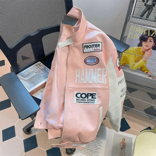 Motorcycle pu leather jacket coat baseball jacket pink american style women autumn and winter fried street high level clothes