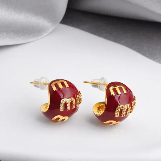 2025 Korea New Design Fashion jewelry 18K gold plated enamel letter M earrings elegant women's daily commute accessory