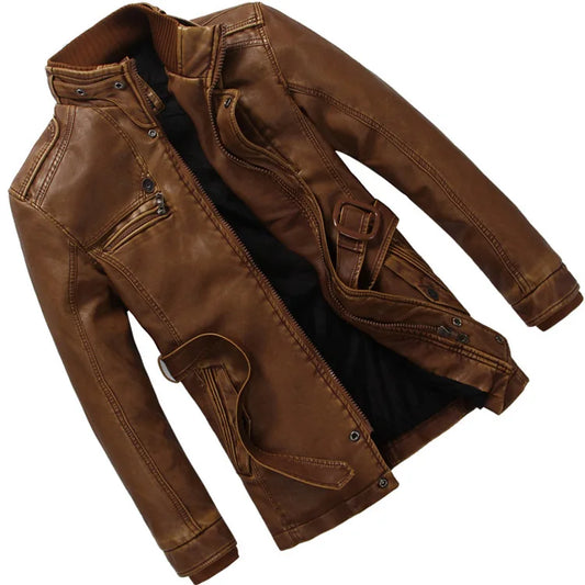 Men's Fashion Leather Long Jacket Men New Casual Vintage Blazer Winter Thick Motorcycle Biker Coat Men's Brand Design PU Jacket