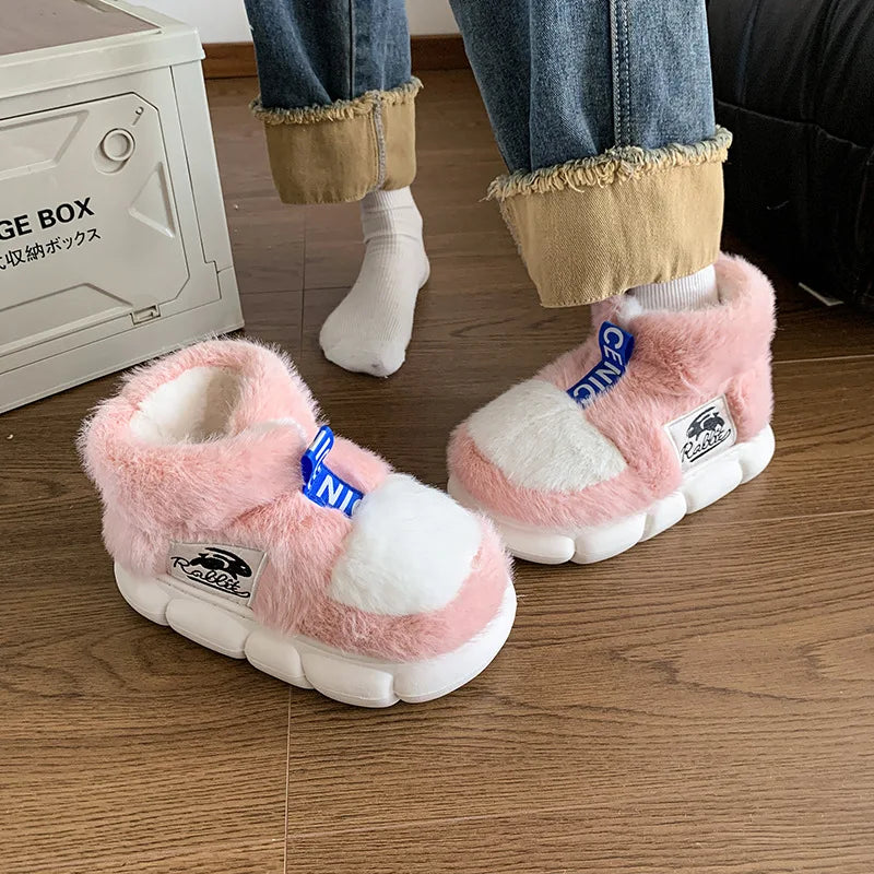 2025 Women's Winter Warm Shoes Plush Lining Indoor Slippers Couples Platform Heel High Top Snow Boots Female Male Home Slipper
