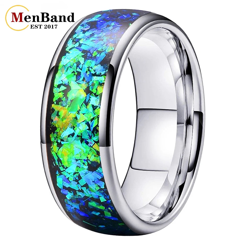 MenBand Fashion New Arrivals 8MM Tungsten Wedding Band Ring Middle Groove Inlaid With Blue Opal Domed Polished Comfort Fit