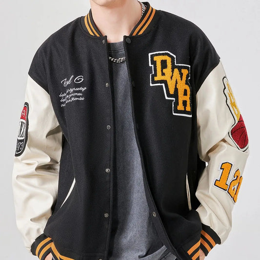 Mens Casual Jacket Bomber Embroidered Varsity Jacket Windbreaker BomberStyle Flaming Basketball Color Block Outwear