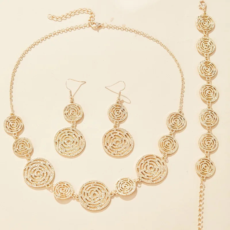 Simple Fashion Creative Line Round Retro Elegant Earrings Necklace Bracelet Set for Women's Holiday Party Jewelry Gift