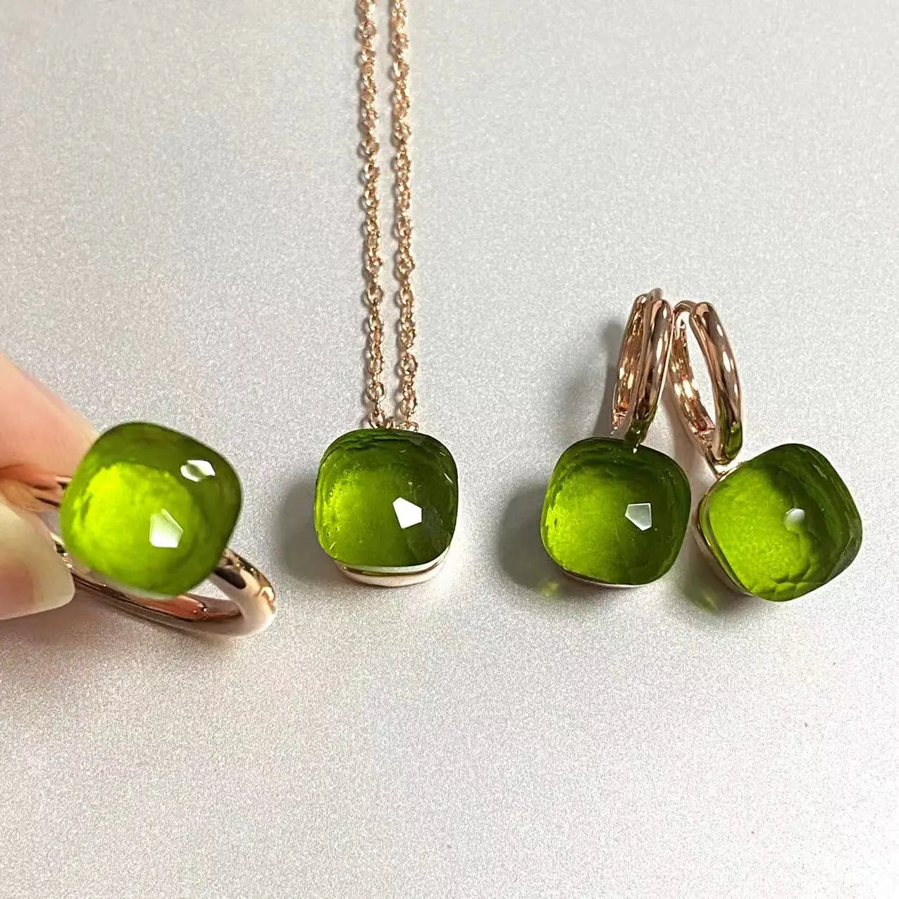 3Pcs/Set Women Ring Earrings Necklace Jewelry Set 34Colors Pink Crystal Jewelry Set Rose Gold Plated Jewelry