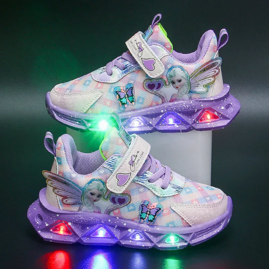 Disney Children's Sports Shoes Led Lights Sneaker Cartoon Frozen Princess Elsa PU Leather Girls' Pink Children's Running Shoes