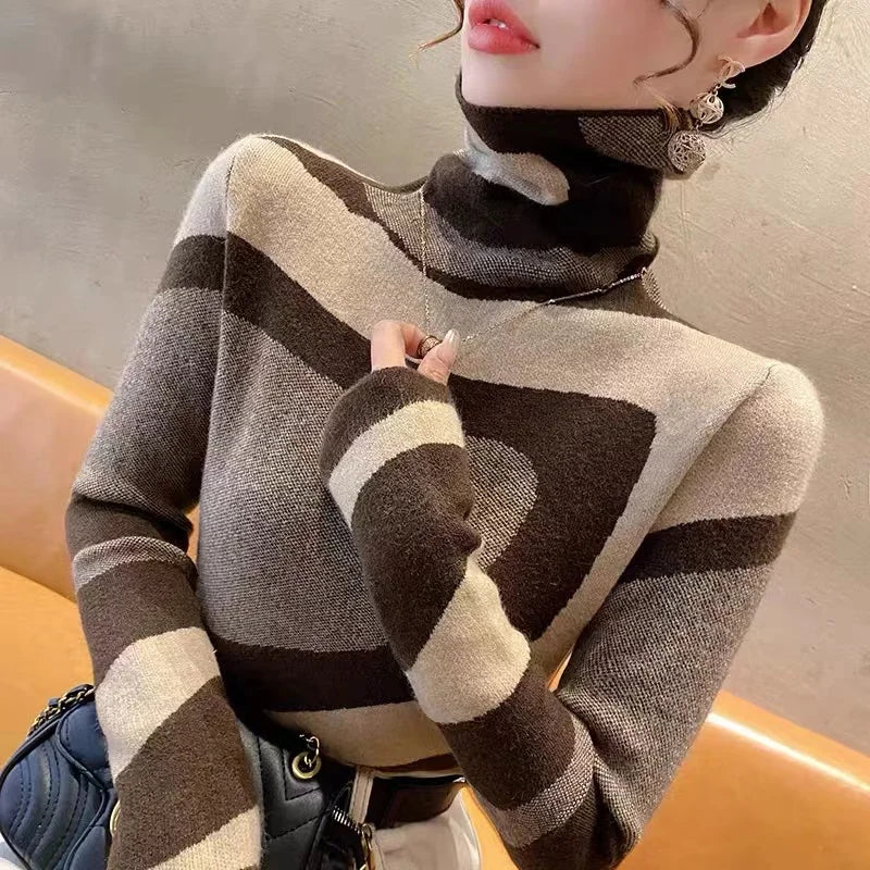 Women Clothing Fashion All-match Slim Knit Pullovers Autumn Winter Elegant Chic Geometric Patchwork Sweaters Office Lady Y2k Top