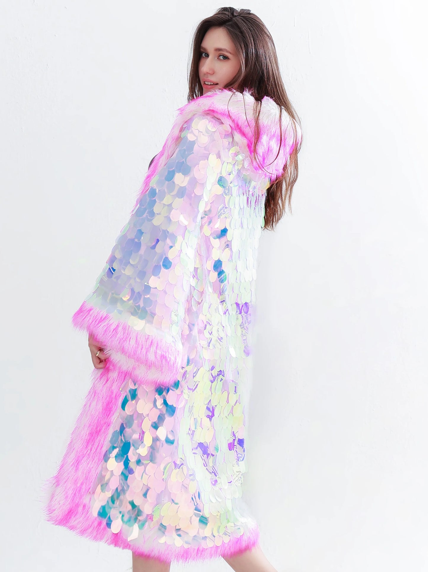 Elegant Directional Faux Fur Coat LED Pink Sequin Patchwork Coat Stylish Personality Clothing Suitable For Holiday Women's Coat