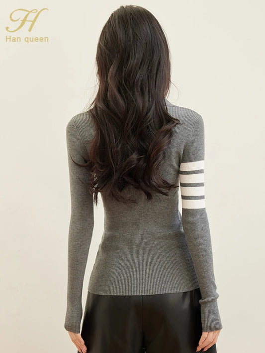 H Han Queen Spring Autumn Zipper Tops Slim Knitted Bottom Shirt Women's Sweater Striped Casual Knitted Pullover Sweater