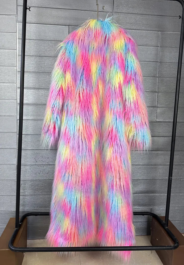 DEAT 2025 Winter New Items Imitation Colorful Long Coat For Women Faux Fur Suit Collar Long Sleeve Trench Jacket Female 11A05577