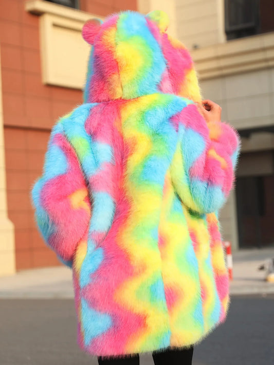 New Colorful Personalized Faux Fur Coat Women's Regular And Plus Size Fall And Winter Hooded Thick High Quality Faux Fur Coat