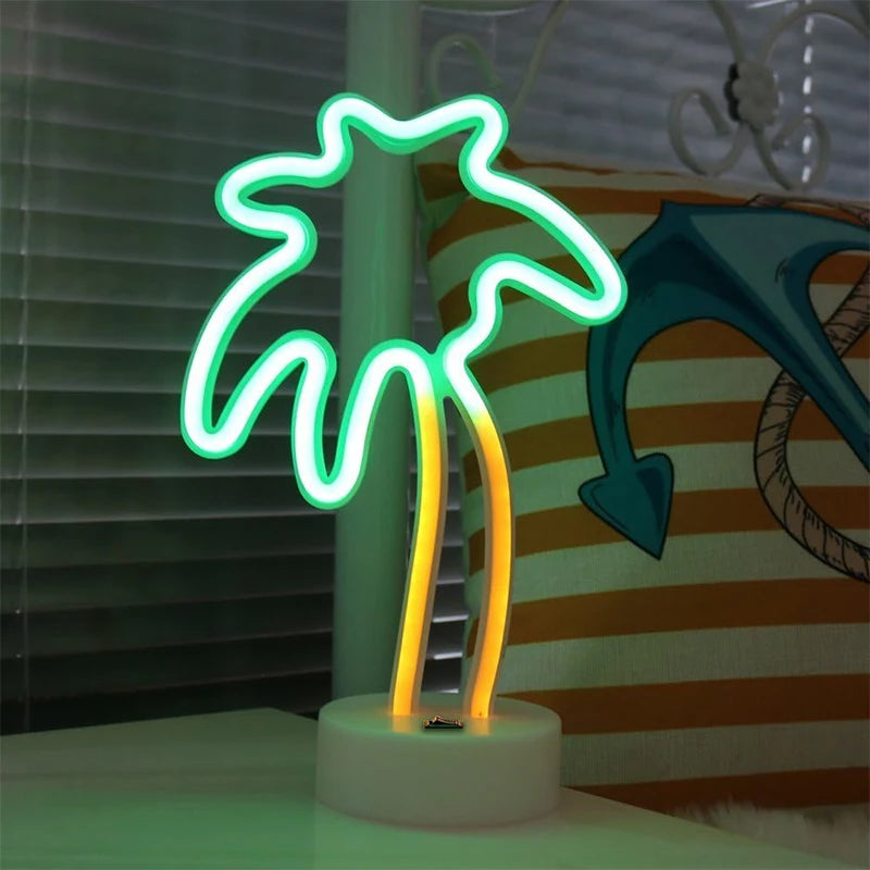 Coconut Palm Tree Neon Signs Light with Holder Base LED Table Lamp Battery/USB Powered Palm for Home Christmas Party Decoration