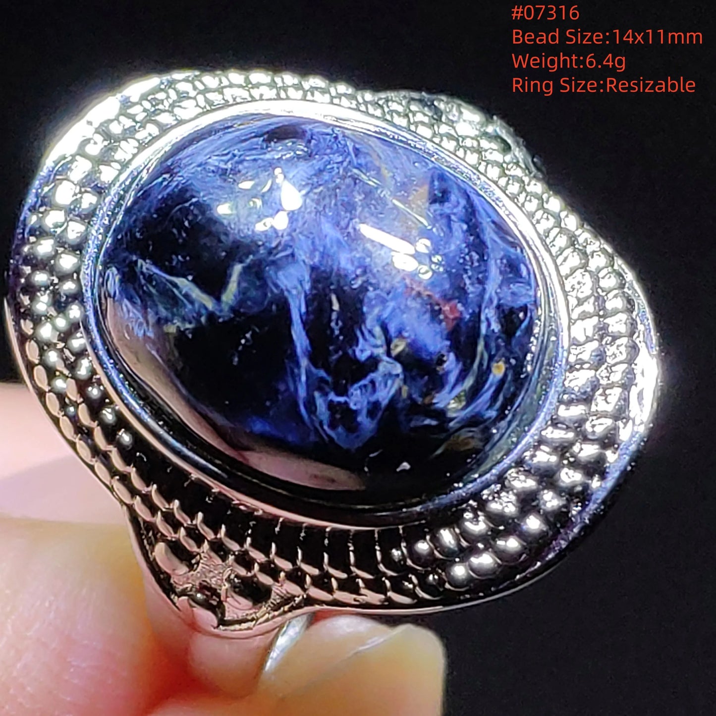 Natural Blue Pietersite Beads Adjustable Ring Woman Men Namibia Pietersite Ring Chatoyant Beads Fashion Silver Jewelry AAAAAA