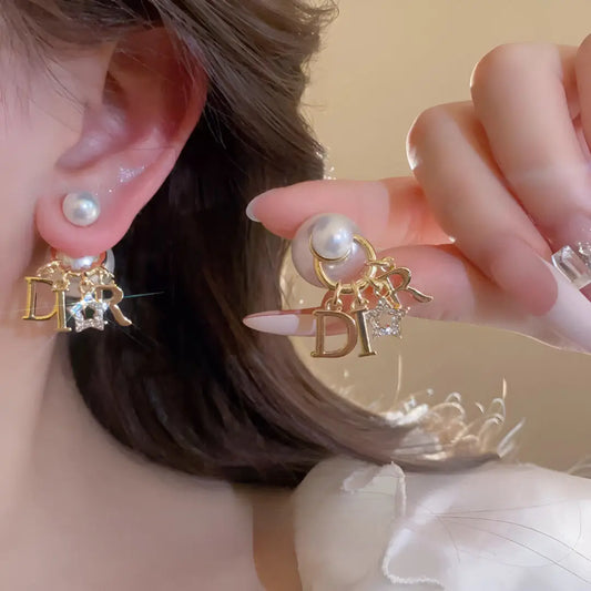 New Trendy Letter Double-sided Pearl Pearl Stud Earrings for Women Luxury Elegant Spring Summer Fashion Earrings Aretes De Mujer