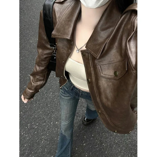 Pu Faux Leather Coat Women Casual Solid Jackets Long Sleeves Turn Down Collar Single Breasted Straight Streetwear 2025 Autumn