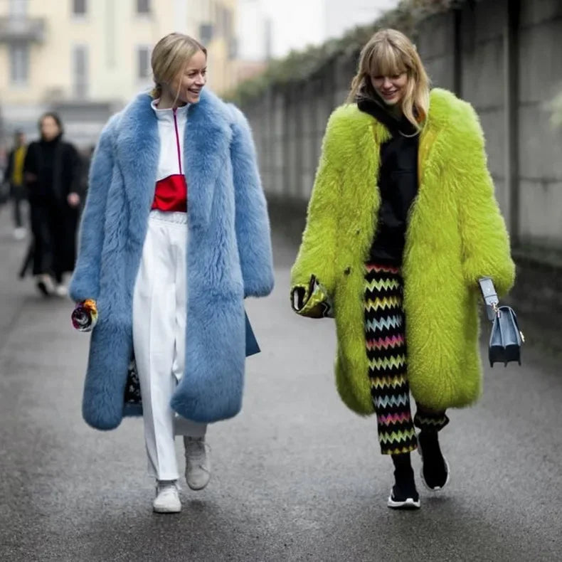 Women Thick Faux Fur Jacket Colorblock Autumn Winter Maxi Coat Long Warm Luxury Fur Outerwear