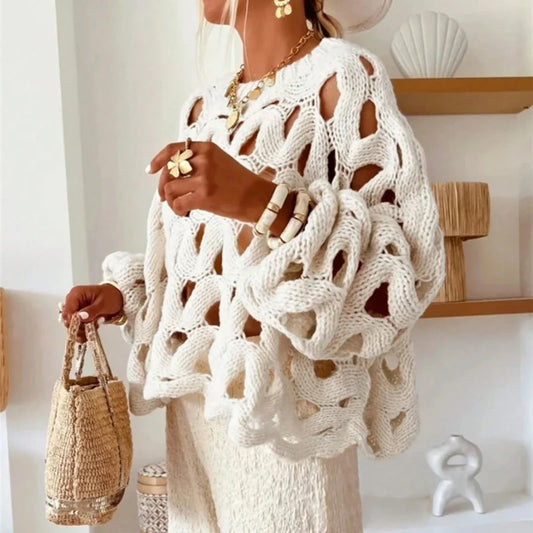 Sexy Hollow Out Long Sleeved Knitted Sweater Summer Beach O-neck Crochet Pullover Casual Solid Color Women's Loose Top Blouses