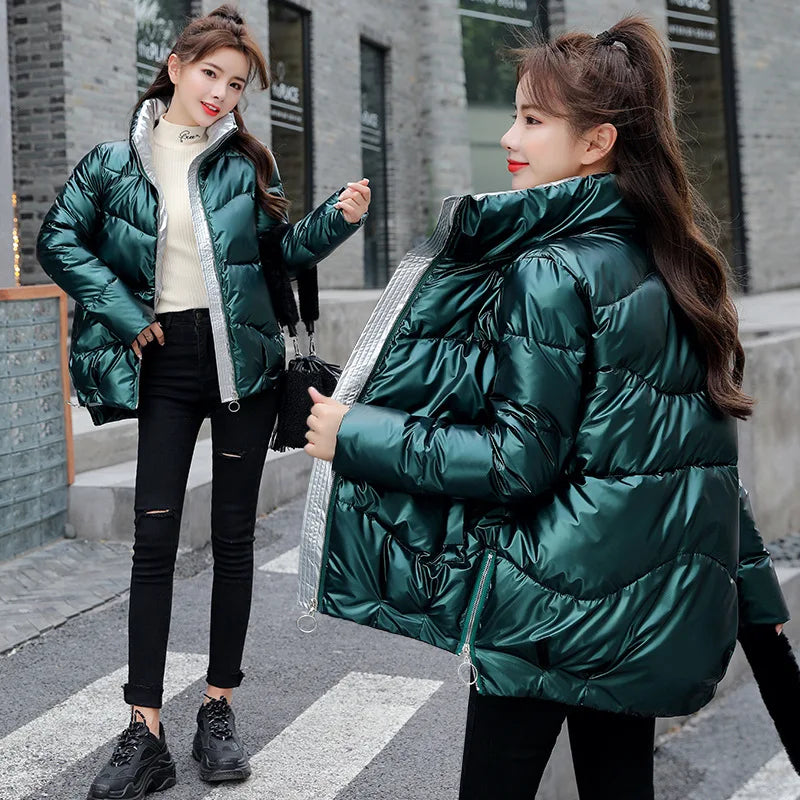 Glossy Down Women's Cotton Jacket Winter Slim Fit Stand Collar Parka Jacket Woman Casual Zipper Up Thick Warm Parkas Mujer
