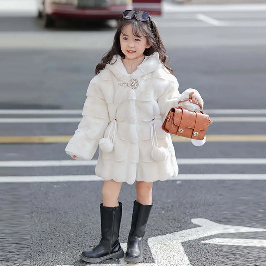 Girls Faux Mink Fur Coat Winter Children Girls Long Sleeve Hooded Christmas Jacket Super Warm Kids Girls Coat Girls Outerwear
