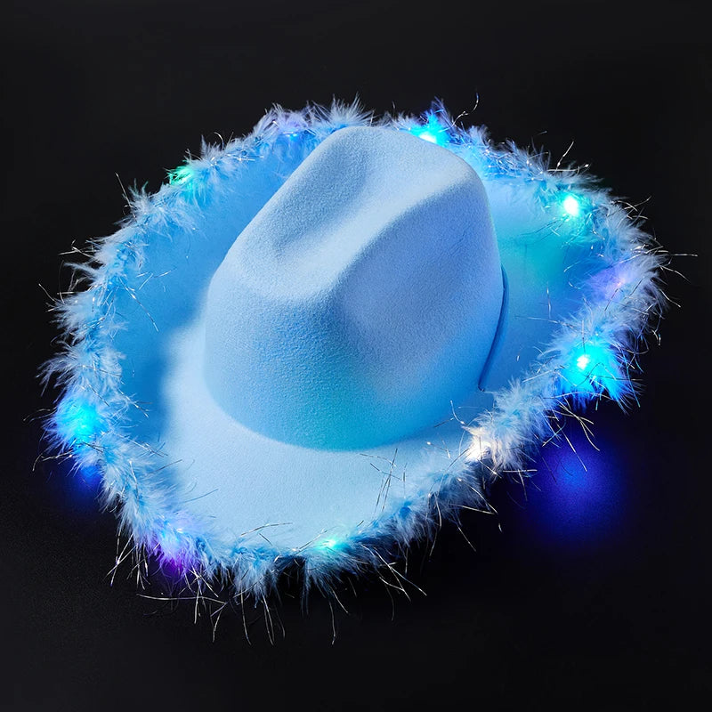2024 New Felt Party Hats Fashion Cowboy Hat with Colorful LED Light Fun Party Disco Pink Cowgirl Hat for Women Men
