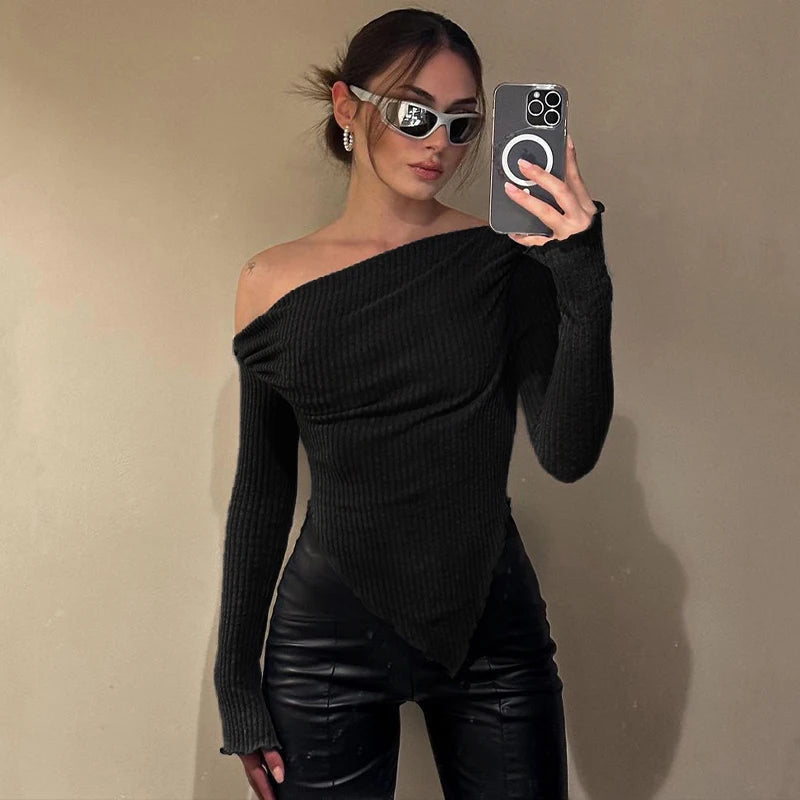 Sexy Asymmetrical Tees Women T-shirt Solid New Autumn Streetwear Long Sleeves Crop Top Fashion Casual Bodycon T-shirts Female