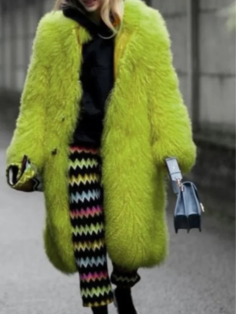 Women Thick Faux Fur Jacket Colorblock Autumn Winter Maxi Coat Long Warm Luxury Fur Outerwear