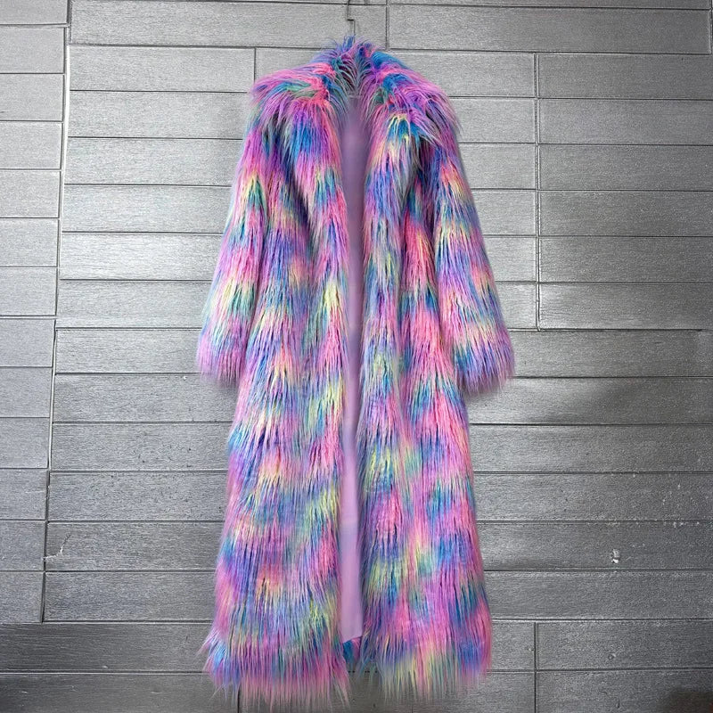 DEAT 2025 Winter New Items Imitation Colorful Long Coat For Women Faux Fur Suit Collar Long Sleeve Trench Jacket Female 11A05577