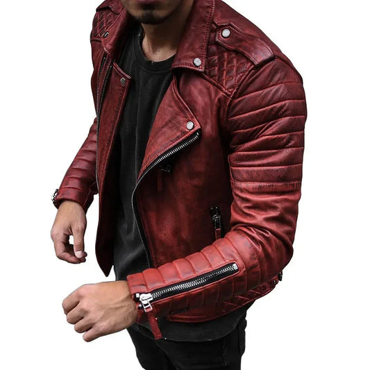 Fashion Leather Coat Men Spring Autumn Slim Lapel Locomotive Men Leather Jacket Solid Color Long Sleeve PU Brown Leather Jacket