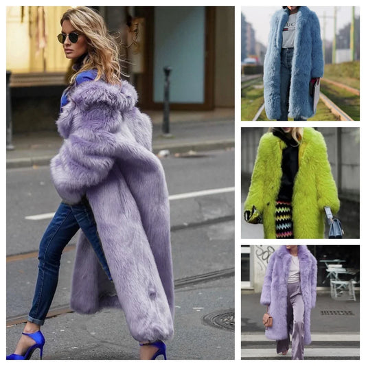 Women Thick Faux Fur Jacket Colorblock Autumn Winter Maxi Coat Long Warm Luxury Fur Outerwear