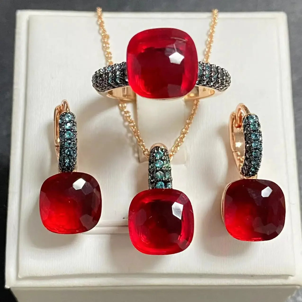 3Pcs Gun Black Plated Blue Zircon Jewelry Set for Women Includes Ring Earrings Necklace Elegant Crystal Blue Topaz Matching Gift