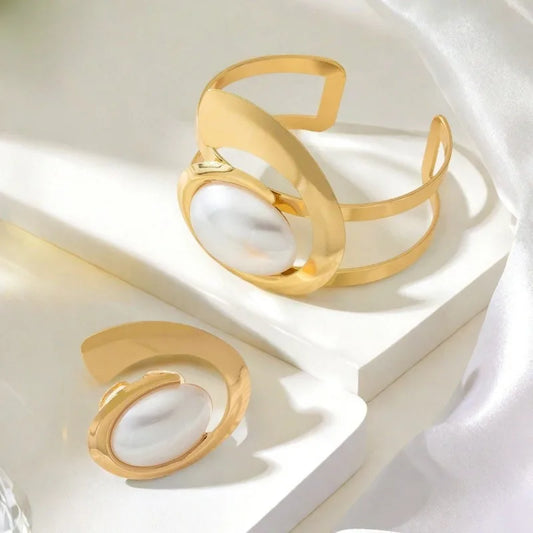 Exaggerated Pearl Spiral Bracelet Ring Set For Women Girls Personality Geometric Fashion Jewelry Holiday Party Gift OL S247