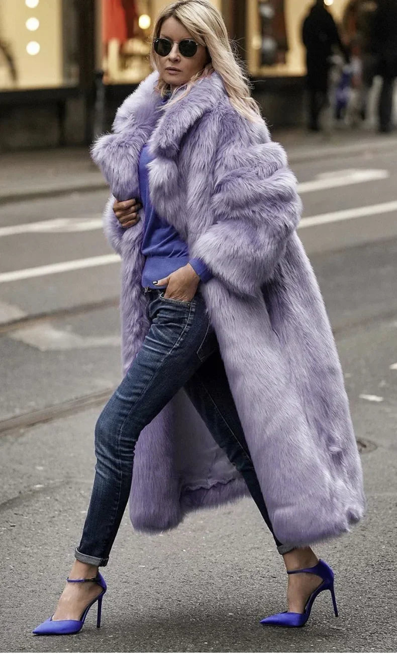 Women Thick Faux Fur Jacket Colorblock Autumn Winter Maxi Coat Long Warm Luxury Fur Outerwear
