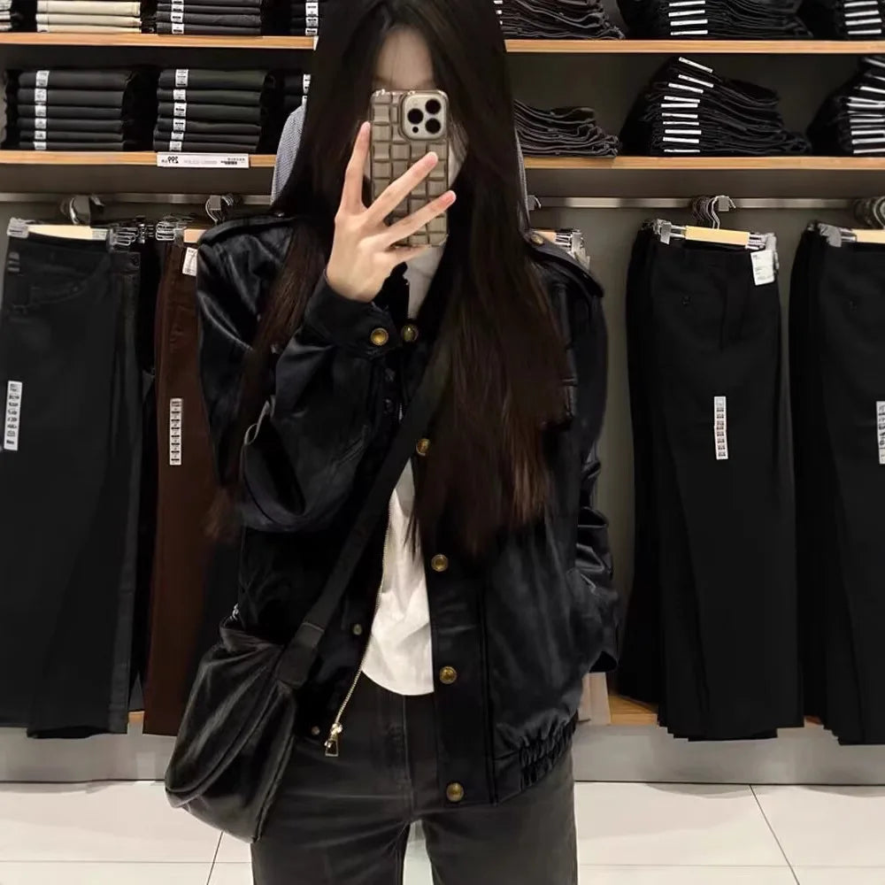 Pu Faux Leather Coat Women Casual Solid Jackets Long Sleeves Turn Down Collar Single Breasted Straight Streetwear 2025 Autumn