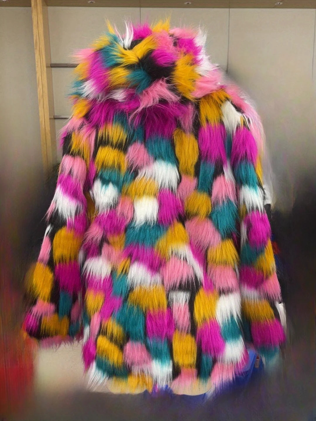 Women's Bold Warm Faux Fur Jacket Thicken Hooded Hidden Button Casual Loose Soft Color Blocking Outwear Winter Chic Coat