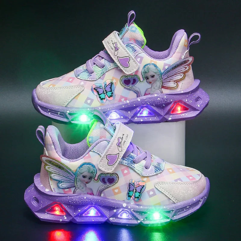 Disney Children's Sports Shoes Led Lights Sneaker Cartoon Frozen Princess Elsa PU Leather Girls' Pink Children's Running Shoes