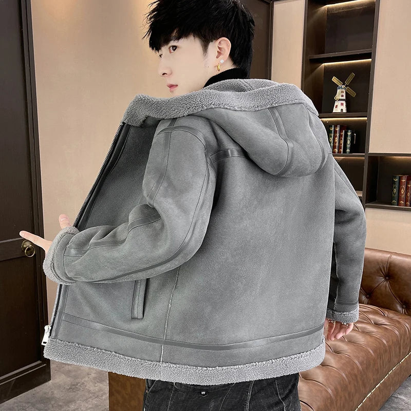Autumn and winter fur one-piece thickened and fleece jacket for men and teenagers, gold embossed suede thickened warm jacket