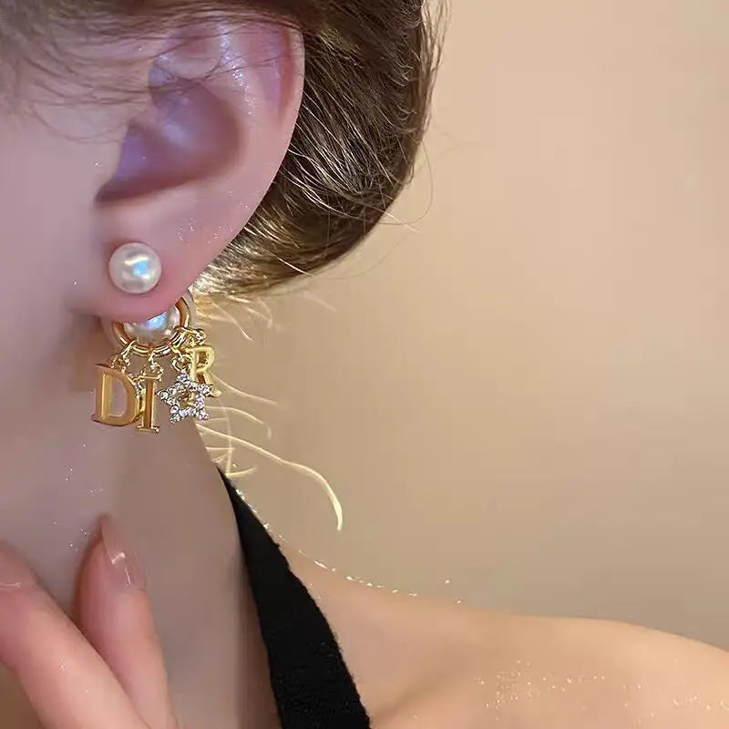 New Trendy Letter Double-sided Pearl Pearl Stud Earrings for Women Luxury Elegant Spring Summer Fashion Earrings Aretes De Mujer