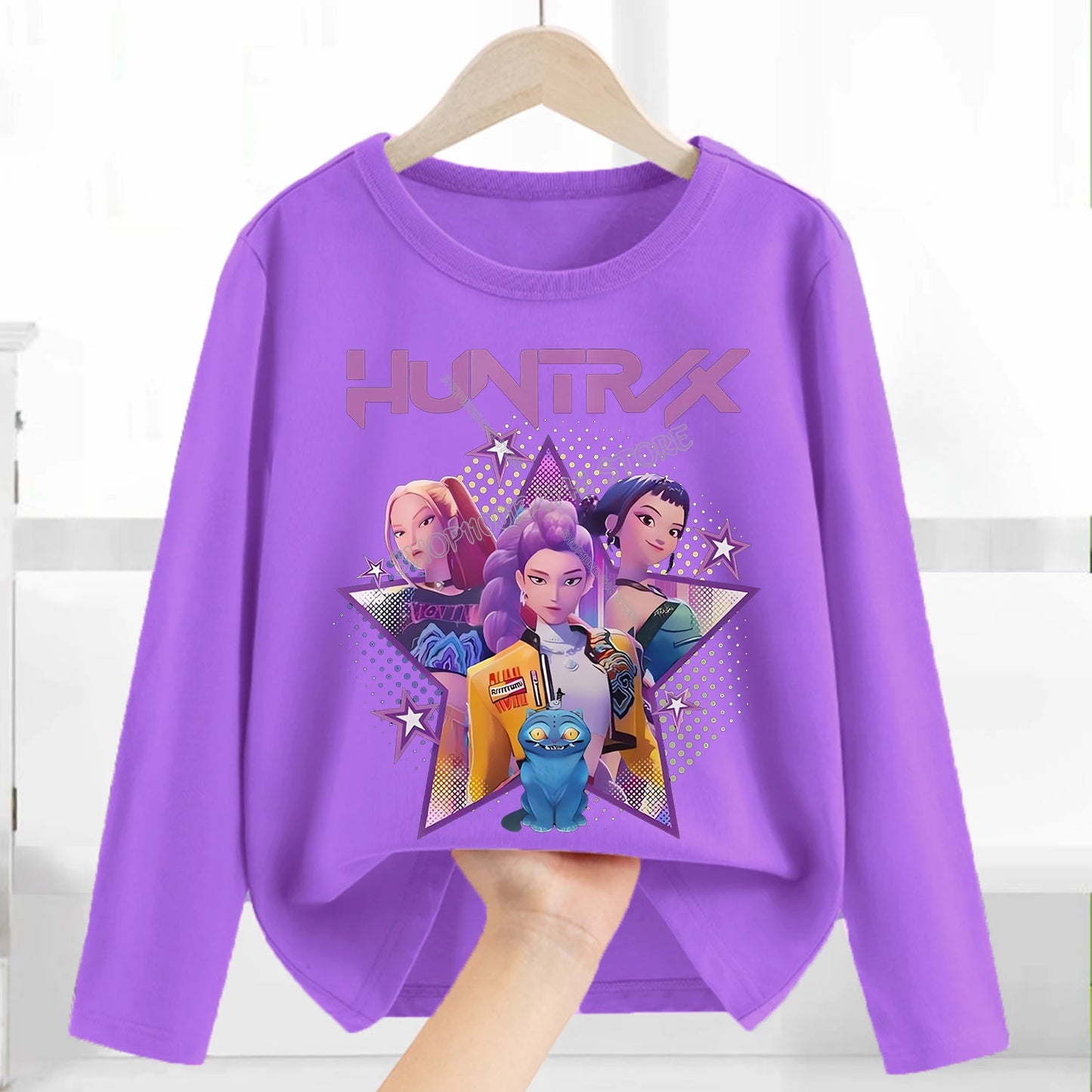 Kpop Demon Hunters Long Sleeve for Children Cartoon A-Z Letter Clothing Kids Purple Caftan Clothes Girl Round Collar Blouse Gift