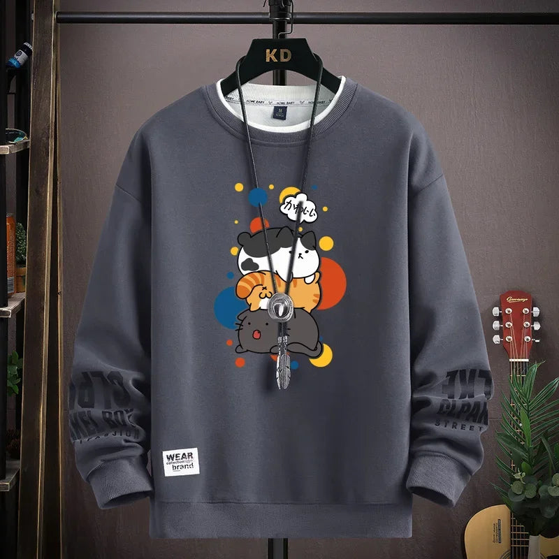 Spring Men's Sweatshirt Japan Cartoon Cats Printed Long Sleeve T-shirt Fashion Men's Clothing Khaki O Neck Harajuku Top 2024 New