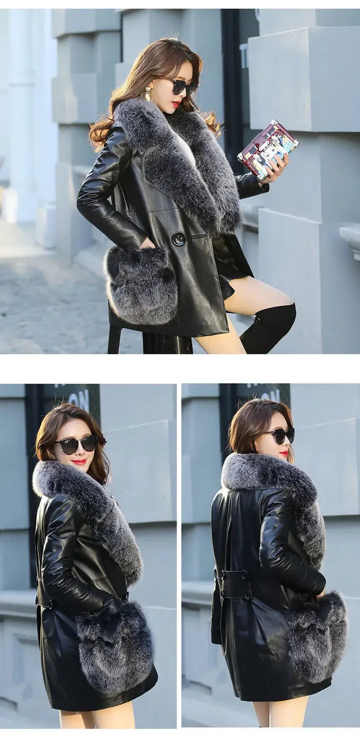 2025 Plus Cotton Velvet Big Fox Fur Collar Leather Coat PU Leather Jacket Coat Women's Fur Mid-length Coat Jacket