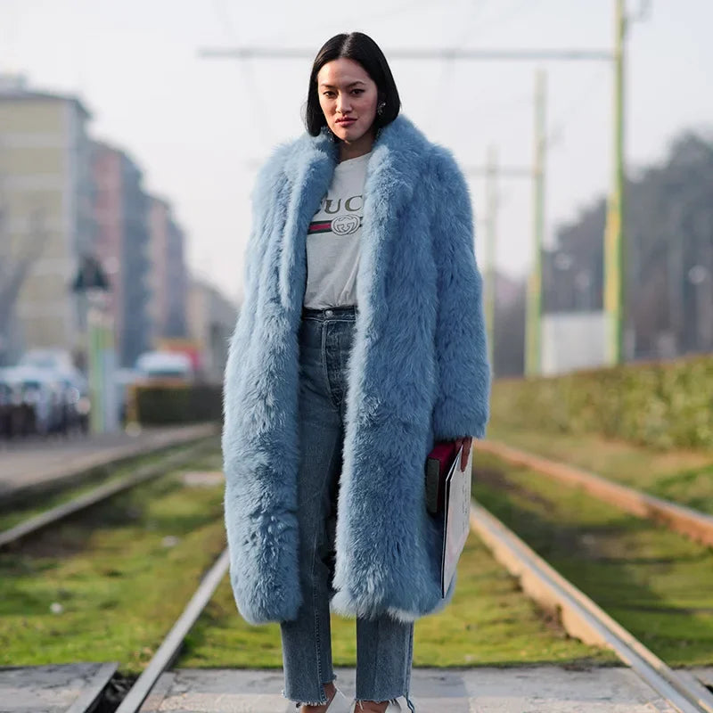 Women Thick Faux Fur Jacket Colorblock Autumn Winter Maxi Coat Long Warm Luxury Fur Outerwear