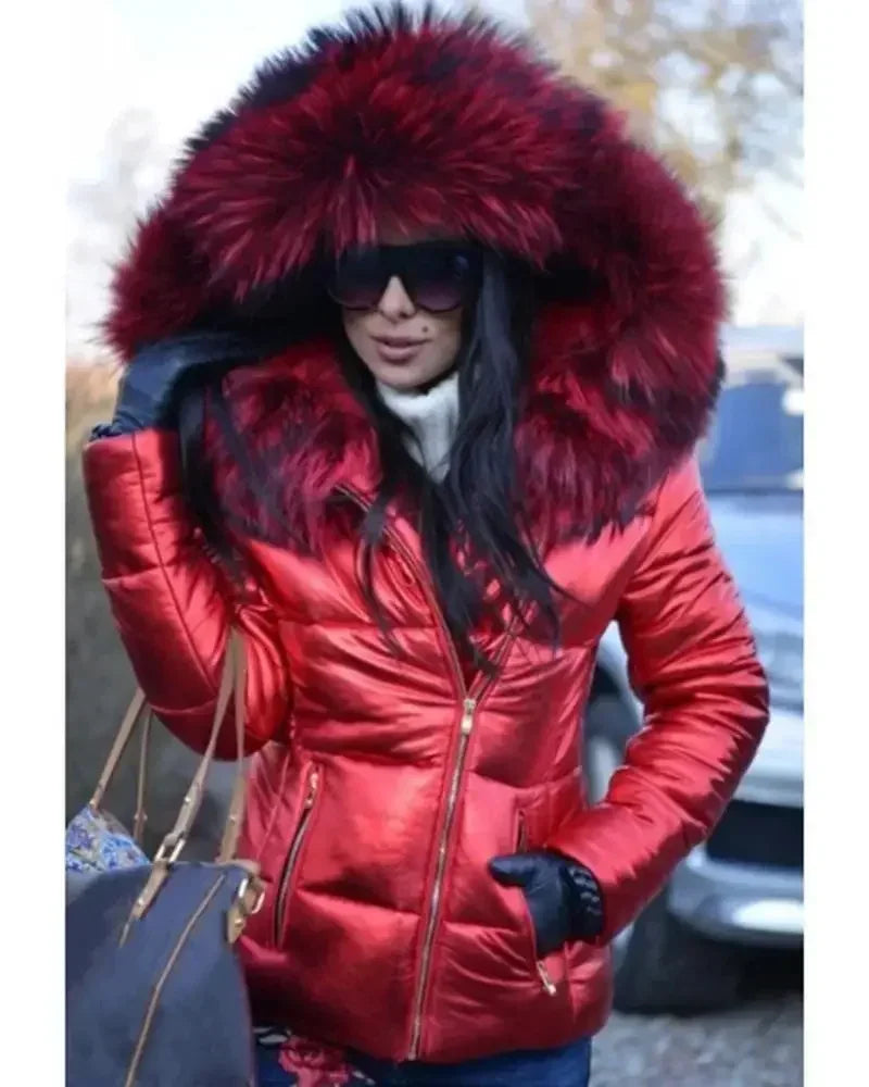 New Hood Solid Color Fur Hooded Jacket Autumn Winter New Women's Cotton-Padded Down Short Parka Coat Jacket Fashion Casual