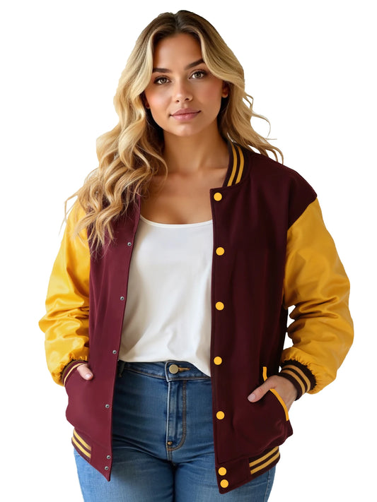 Women's Varsity Jacket with PU Leather Sleeves Fashionable Comfort Design Multiple Colors Available Perfect for Casual Wear